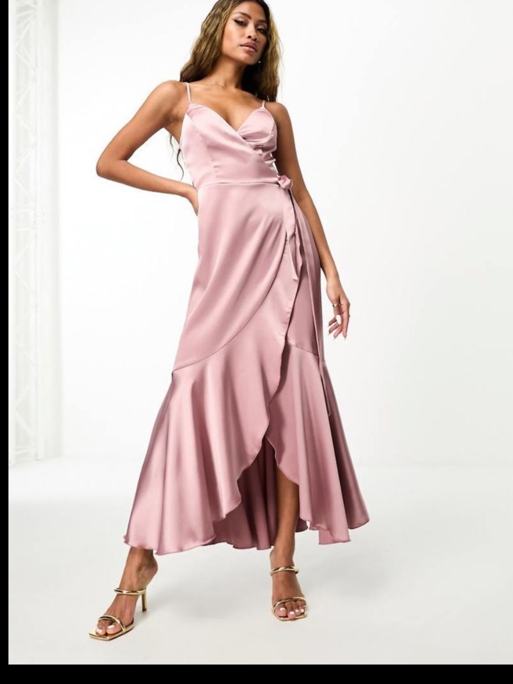 FLOUNCE LONDON WRAP FRONT MIDI DRESS IN HEATHER ROSE-PINK US 10